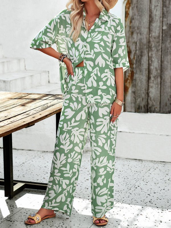 New women's casual fashion printed lapel short - sleeved shirt and trousers vacation suit - Pant Suit